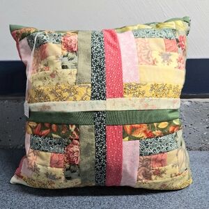 Handmade Patchwork Accent Throw Pillow  "Rose & Green Log Cabin", NWT